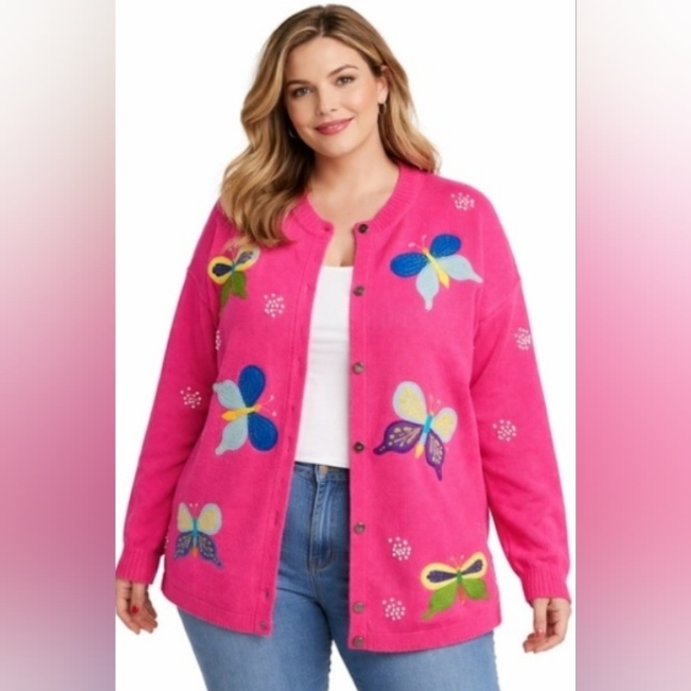 Quacker Factory Pink Butterfly Cardigan Ramie Cotton 90s Novelty Sweater 1 X